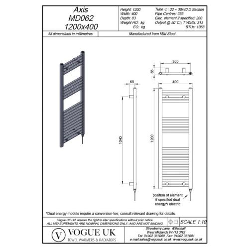 Vogue Axis 1200 x 400mm Straight Ladder Towel Rail Heating Only Chrome 1068BTU MD062 MS12040CP